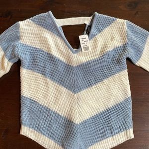 Blue & white sweater. V neck. Tie back Medium